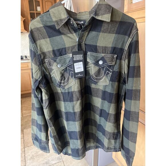 True Religion Flannel Plaid Western Snap Shacket Men Size S‎ Green Black NWT $89 - Picture 1 of 6